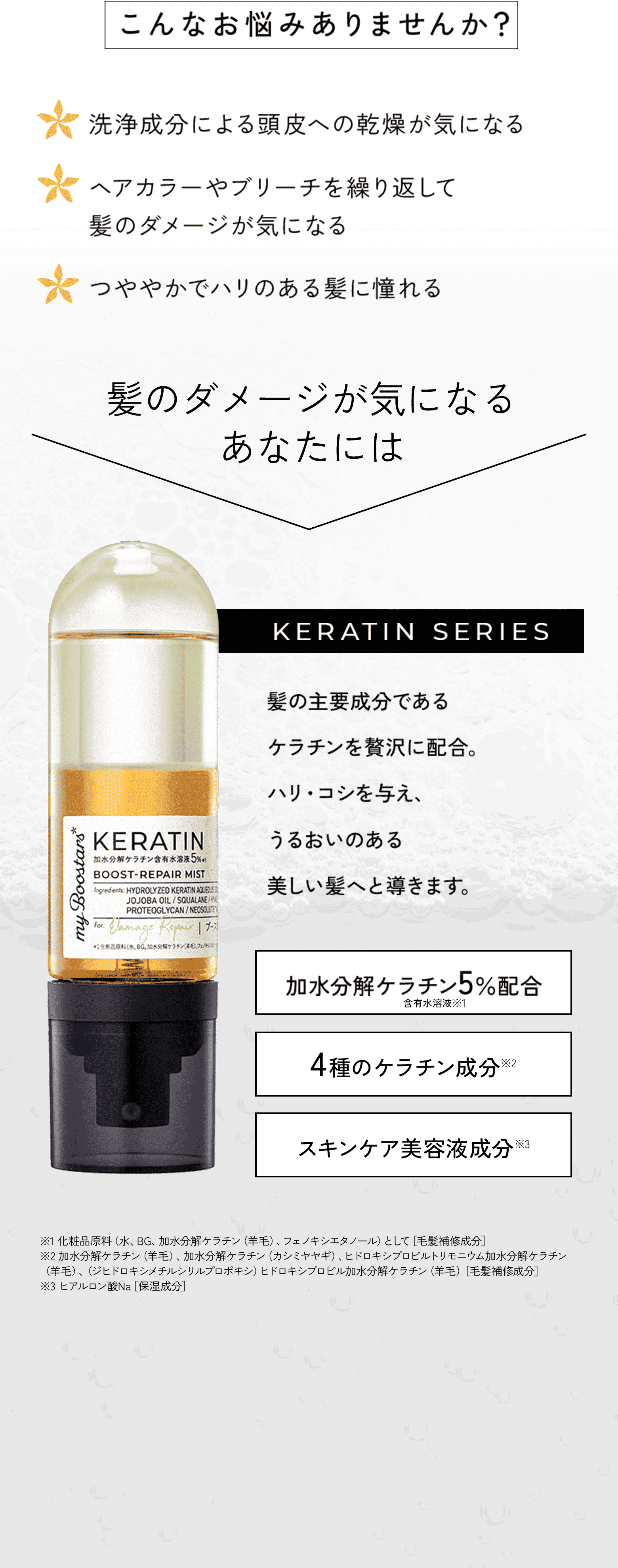 こんなお悩みありませんか？洗浄成分による頭皮への乾燥が気になる。ヘアカラーやブリーチを繰り返して髪のダメージが気になる。つややかでハリのある髪に憧れる。髪のダメージが気になるあなたには 髪の主要成分であるKERATIN SERIES。ケラチンを贅沢に配合。ハリ・コシを与え、うるおいのある美しい髪へと導きます。加水分解ケラチン5％配合。4種のケラチン成分※2。スキンケア美容液成分※3。※1 化粧品原料（水、BG、加水分解ケラチン（羊毛）、フェノキシエタノール）として［毛髪補修成分］※2 加水分解ケラチン（羊毛）、加水分解ケラチン（カシミヤヤギ）、ヒドロキシプロピルトリモニウム加水分解ケラチン（羊毛）、（ジヒドロキシメチルシリルプロポキシ）ヒドロキシプロピル加水分解ケラチン（羊毛）［毛髪補修成分］※3 ヒアルロン酸Na［保湿成分］