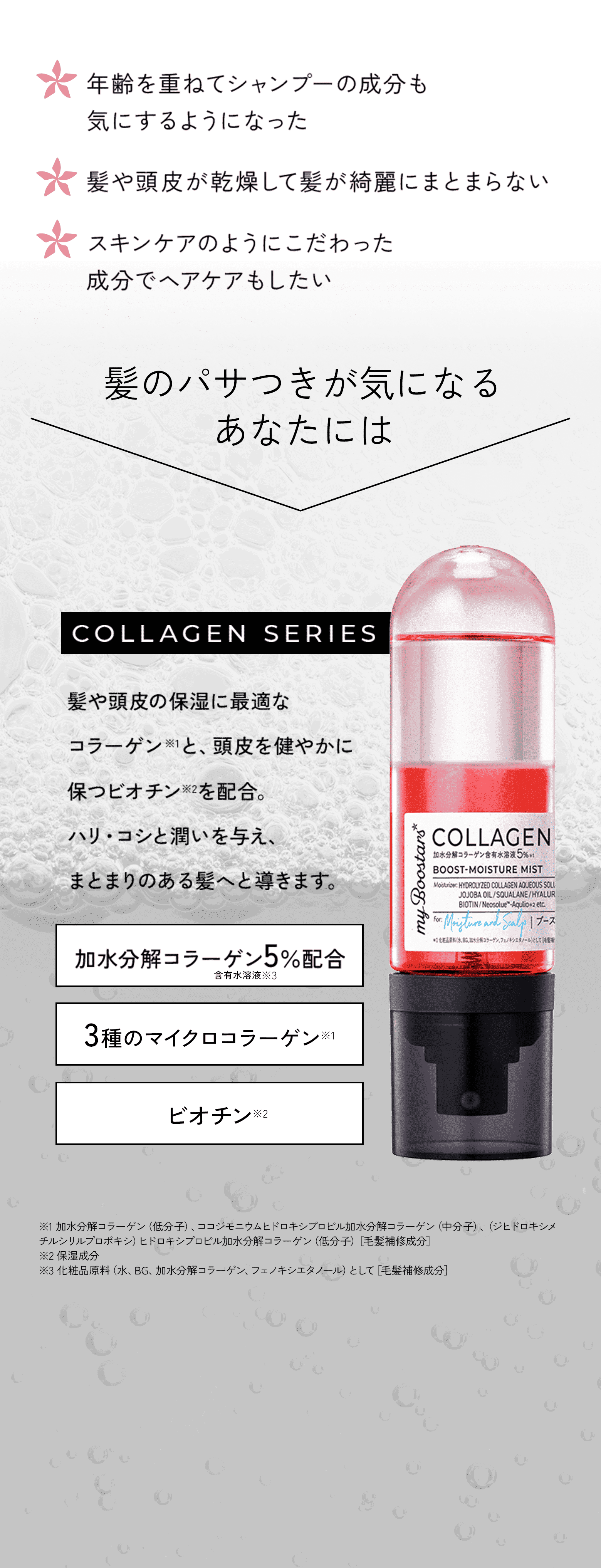 年齢を重ねてシャンプーの成分も気にするようになった。髪や頭皮が乾燥して髪が綺麗にまとまらない。スキンケアのようにこだわった成分でヘアケアもしたい。髪のパサつきが気になるあなたにはCOLLAGEN SERIES。髪や頭皮の保湿に最適なコラーゲン※1と、頭皮を健やかに保つビオチン※2を配合。ハリ・コシと潤いを与え、まとまりのある髪へと導きます。加水分解コラーゲン5％配合。3種のマイクロコラーゲン※1。ビオチン※2。※1 加水分解コラーゲン（低分子）、ココジモニウムヒドロキシプロピル加水分解コラーゲン（中分子）、（ジヒドロキシメチルシリルプロポキシ）ヒドロキシプロピル加水分解コラーゲン（低分子）［毛髪補修成分］※2 保湿成分※3 化粧品原料（水、BG、加水分解コラーゲン、フェノキシエタノール）として［毛髪補修成分］