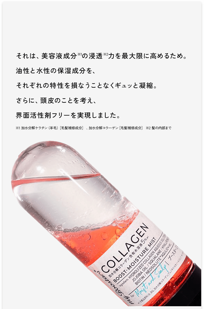 それは、美容液成分※1の浸透※2力を最大限に高めるため。油性と水性の保湿成分を、それぞれの特性を損なうことなくギュッと凝縮。さらに、頭皮のことを考え、界面活性剤フリーを実現しました。※1 加水分解ケラチン（羊毛）［毛髪補修成分］ 、加水分解コラーゲン［毛髪補修成分］ ※2 髪の内部まで