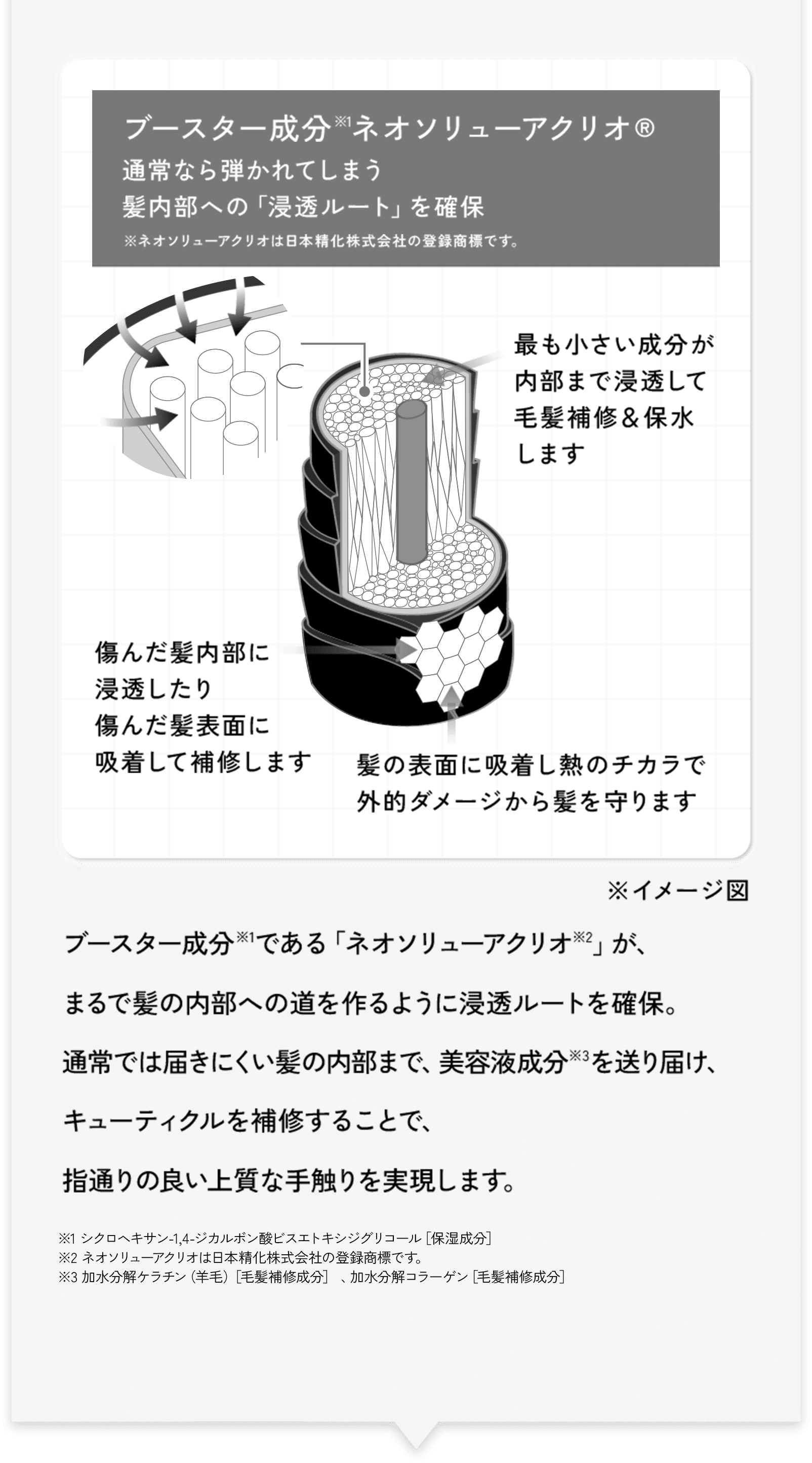 ブースター成分※1ネオソリューアクリオ®通常なら弾かれてしまう髪内部への「浸透ルート」を確保 ※ネオソリューアクリオは日本精化株式会社の登録商標です。ブースター成分※1である「ネオソリューアクリオ※2」が、まるで髪の内部への道を作るように浸透ルートを確保。通常では届きにくい髪の内部まで、美容液成分※3を送り届け、キューティクルを補修することで、指通りの良い上質な手触りを実現します。※1 シクロヘキサン-1,4-ジカルボン酸ビスエトキシジグリコール［保湿成分］※2 ネオソリューアクリオは日本精化株式会社の登録商標です。