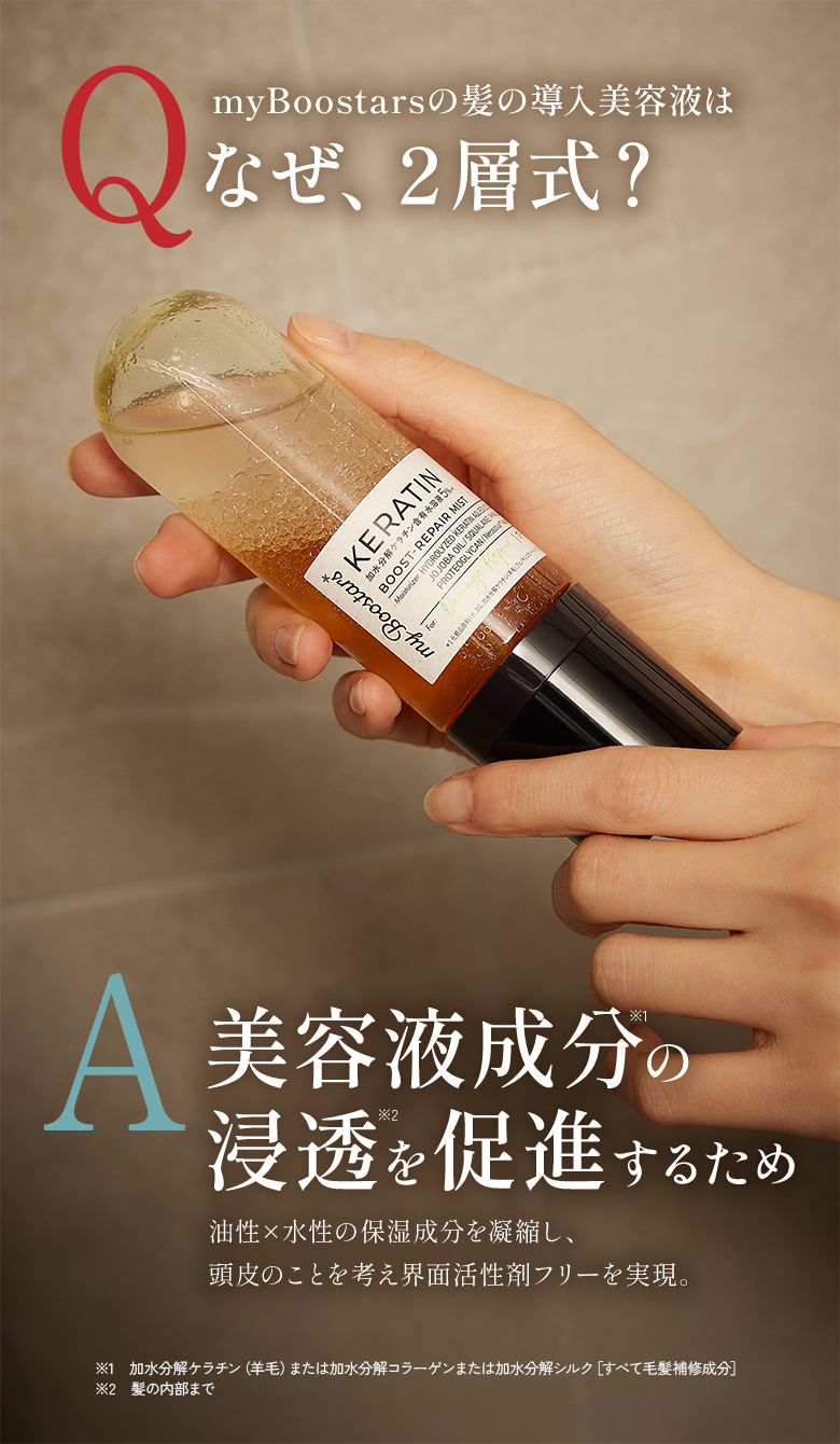 Q.なぜ二層式？A.美容液成分の浸透を促進するため